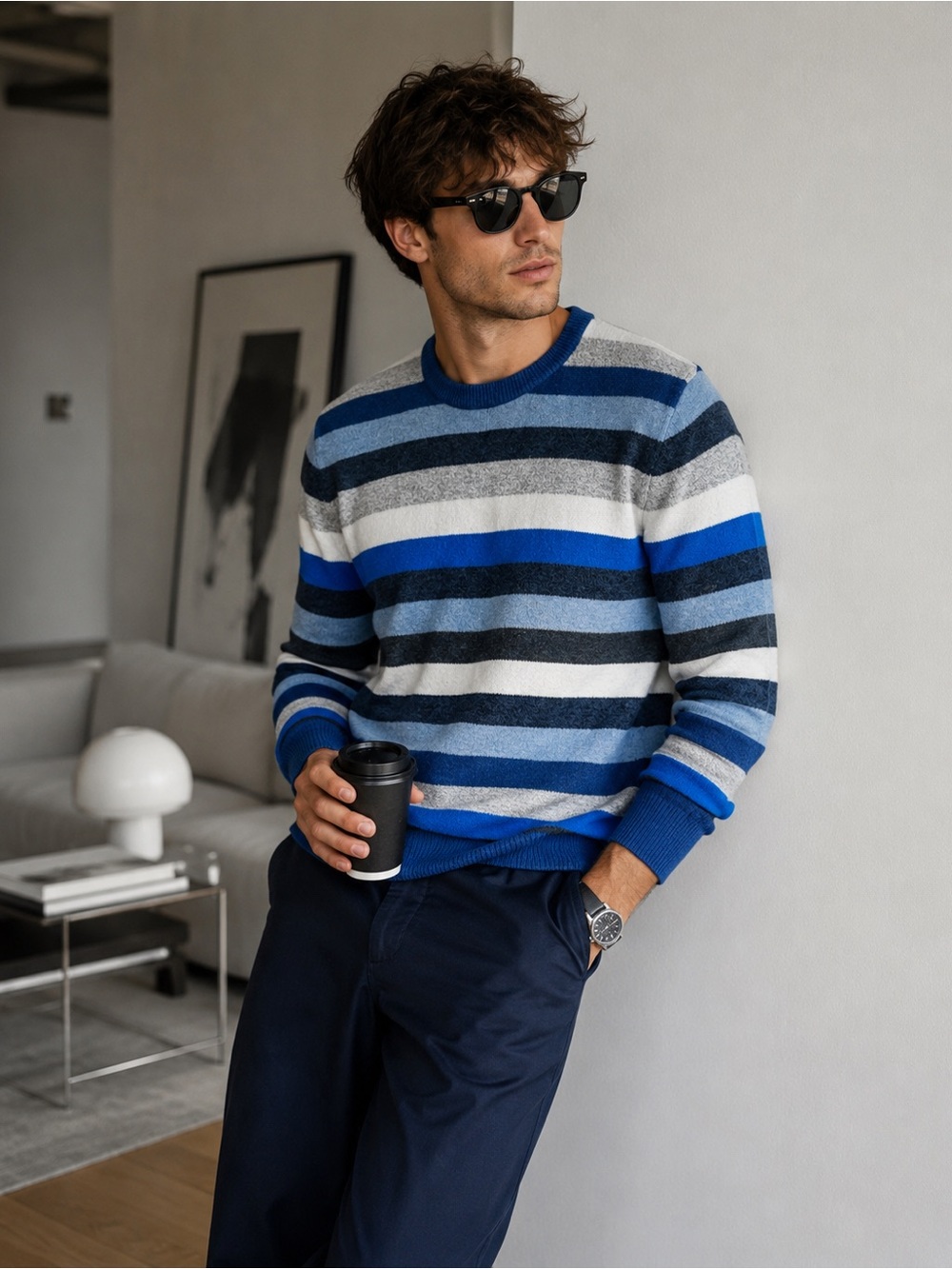 GAP Merino Wool Blend Striped Crewneck Sweater M Blue Gray